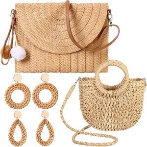 Women Straw Crossbody Bag Rattan Purse Beach Holiday Accessories Set